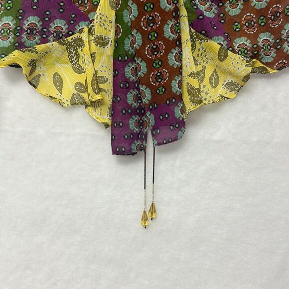 ZARA Zodiac Multicolor Printed Boho Blouse Shirt Bow Tie Sz M Crystal Drops - Picture 6 of 13